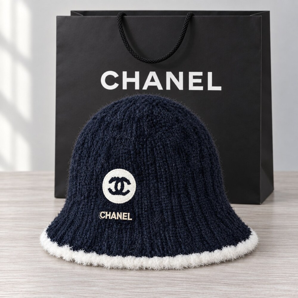 CHANEL Shearling Trim Knit Beanie